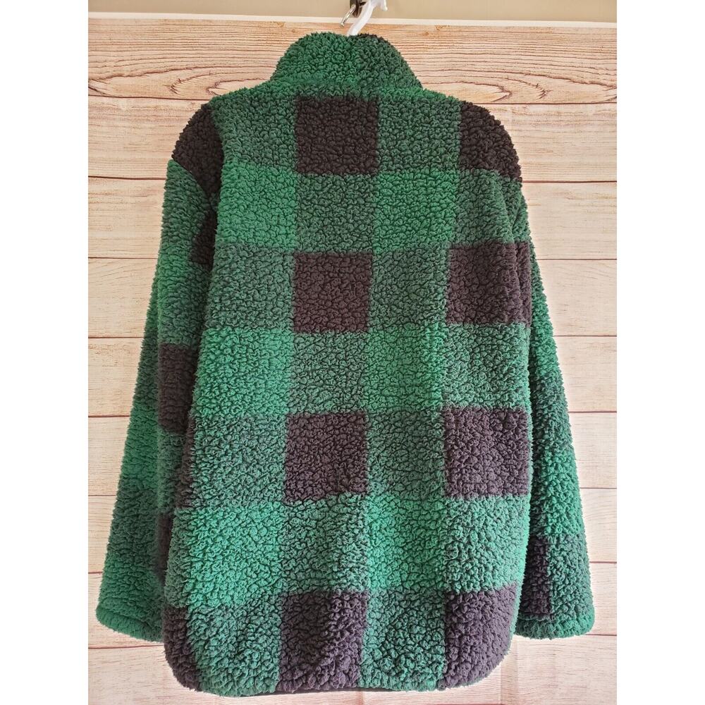 MeroKeety Women's Sherpa Lightweight Green Black 1/2 Zip Plaid Pullover L EUC - Picture 3 of 6